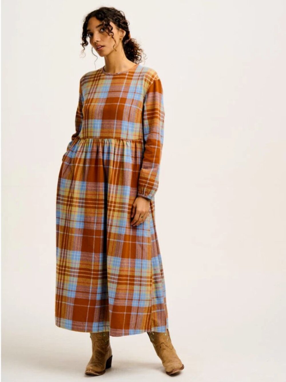 Lucy & Yak Maeve Midi Dress Rust Terracotta Blue Plaid UK 20/ US16 Organic